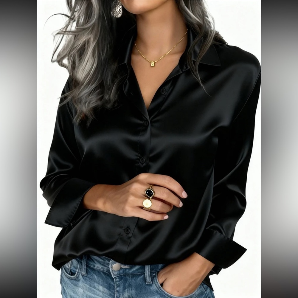 Black Satin Button-Up Shirt - Women’s Classic Blouse